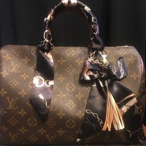 Purse scarf braided tassel charm + 2 handle covers black ivory gold stunning!!